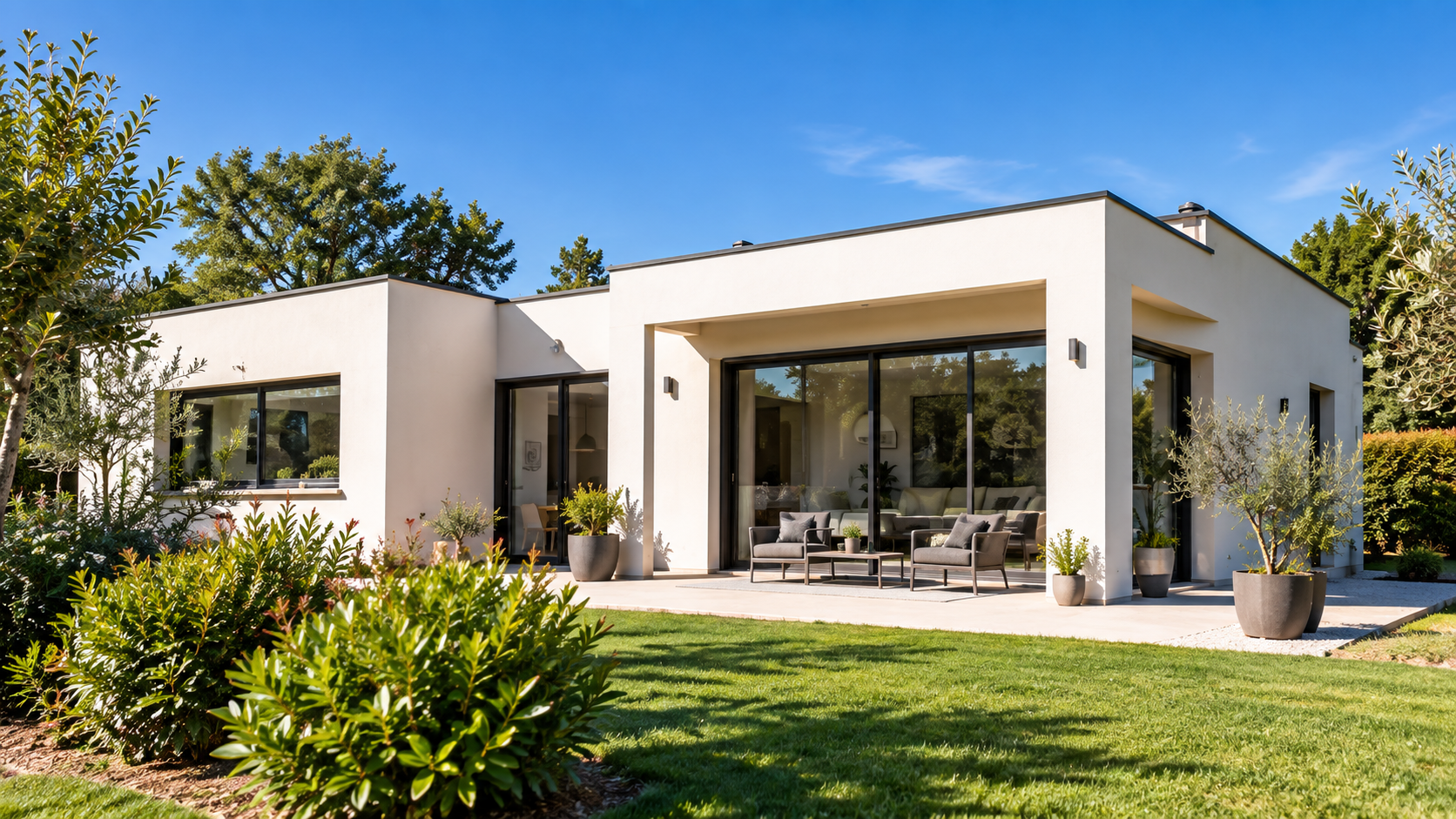 Maison contemporaine de plain-pied avec grandes baies vitrées